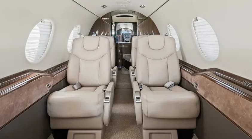 Aircraft cabin interior with leather seats and window views.