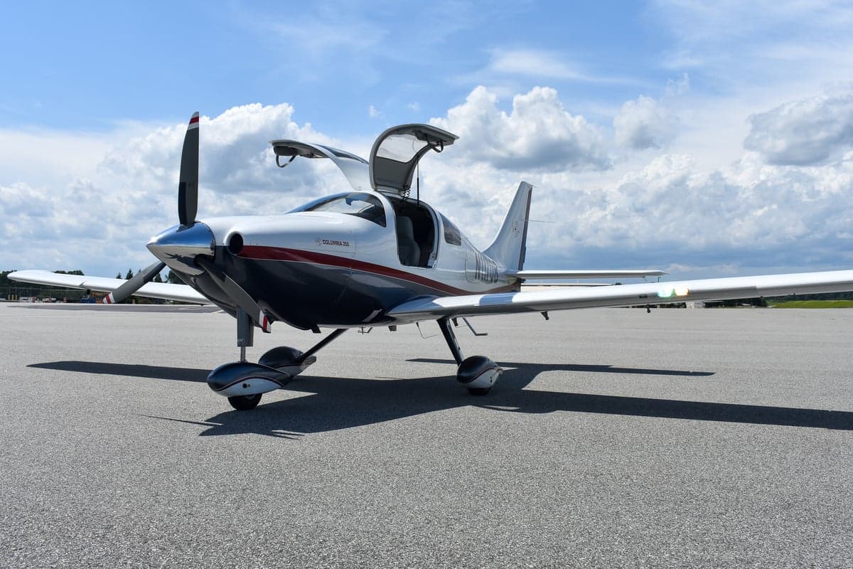 Front view of Columbia 350 aircraft on the tarmac.