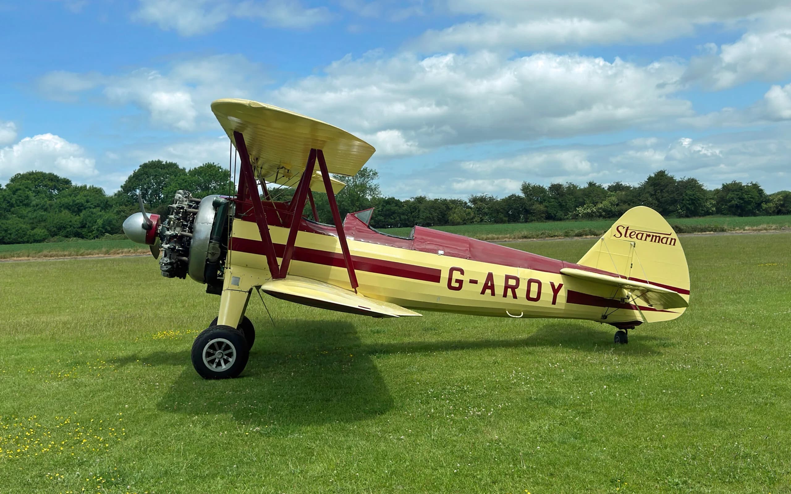 A yellow and red Stearman biplane, G-AROY, parked on a green field with trees in the background.