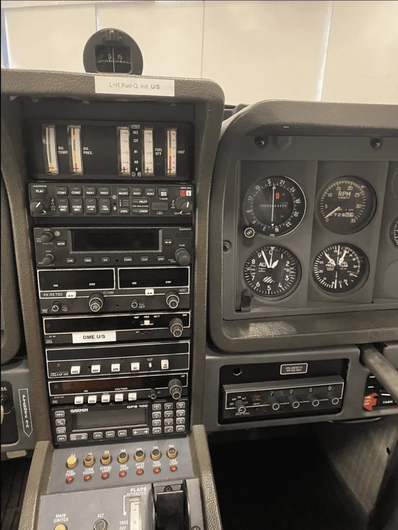 Close-up view of the aircraft's instrument panel and avionics stack.