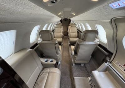 The interior of the Citation CJ3+ aircraft, showing the seating arrangement.