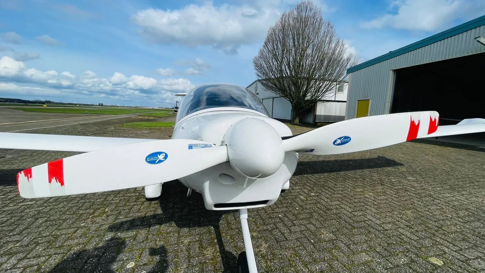 Front view of the Diamond DV20 Katana aircraft with propeller.
