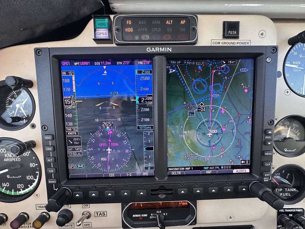 Close-up of the Garmin avionics in the cockpit of a Beechcraft Bonanza.
