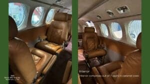 The interior of a Beech B90 King Air aircraft features caramel-colored seats.