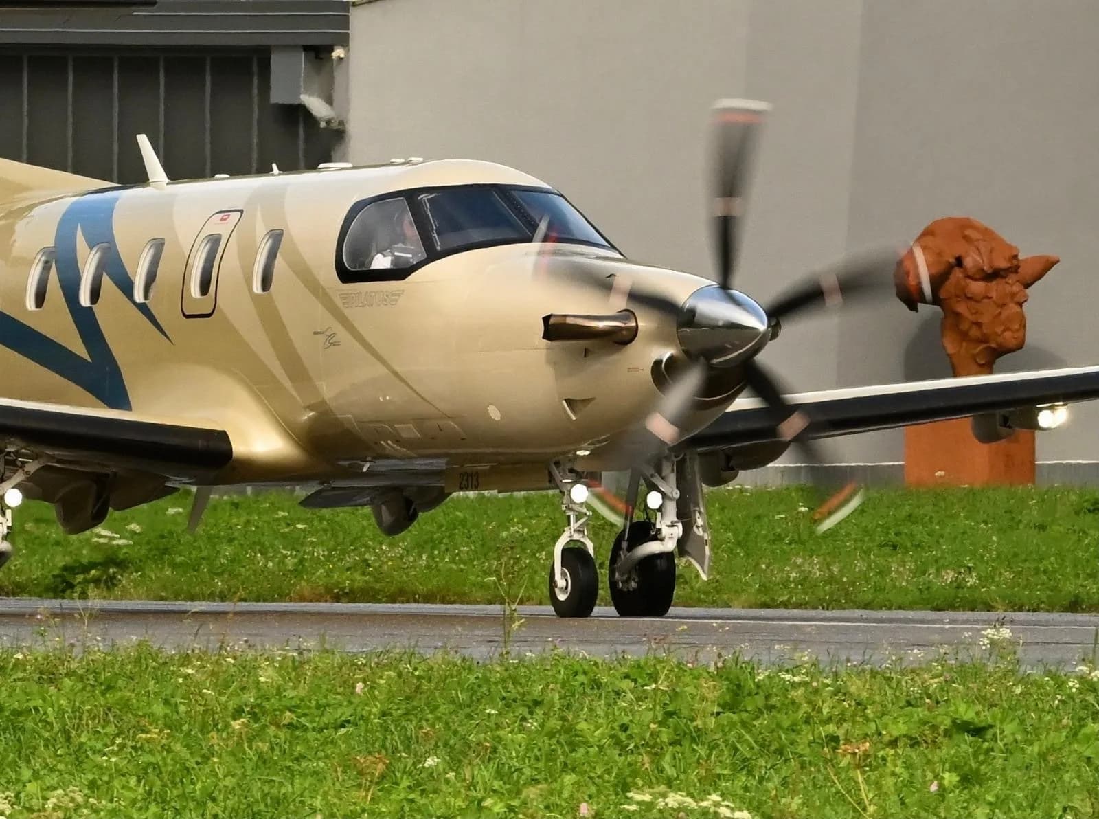 A close-up front view of a beige Pilatus PC-12 NGX aircraft with blue accents and registration OH-IBZ on the tarmac.