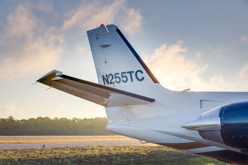 Close-up of the tail of the N255TC aircraft.