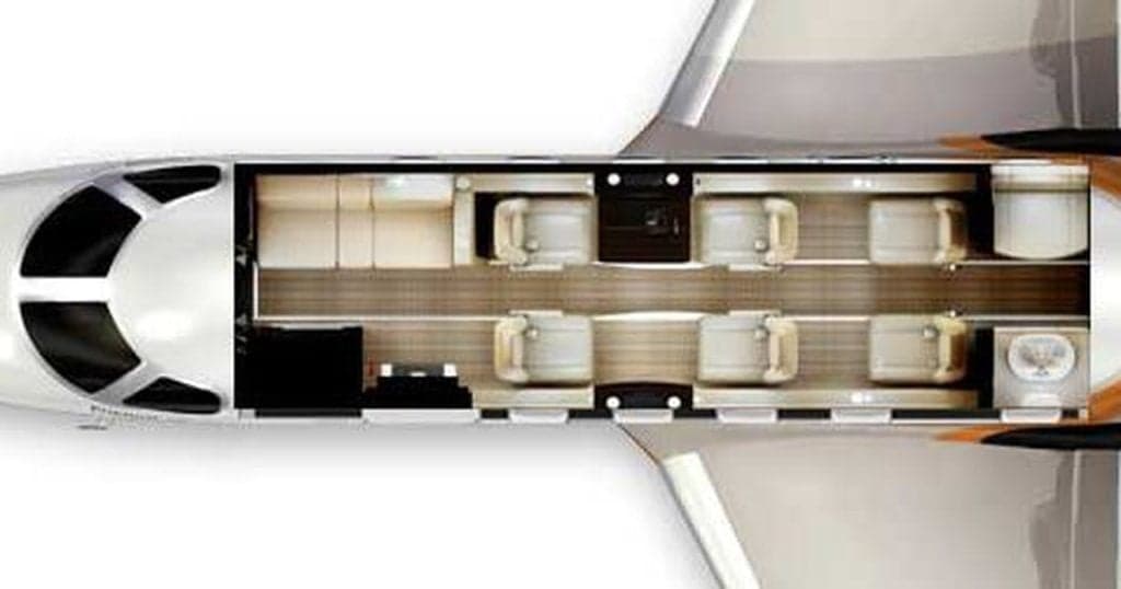 Overhead diagram of the Phenom 300E cabin layout.