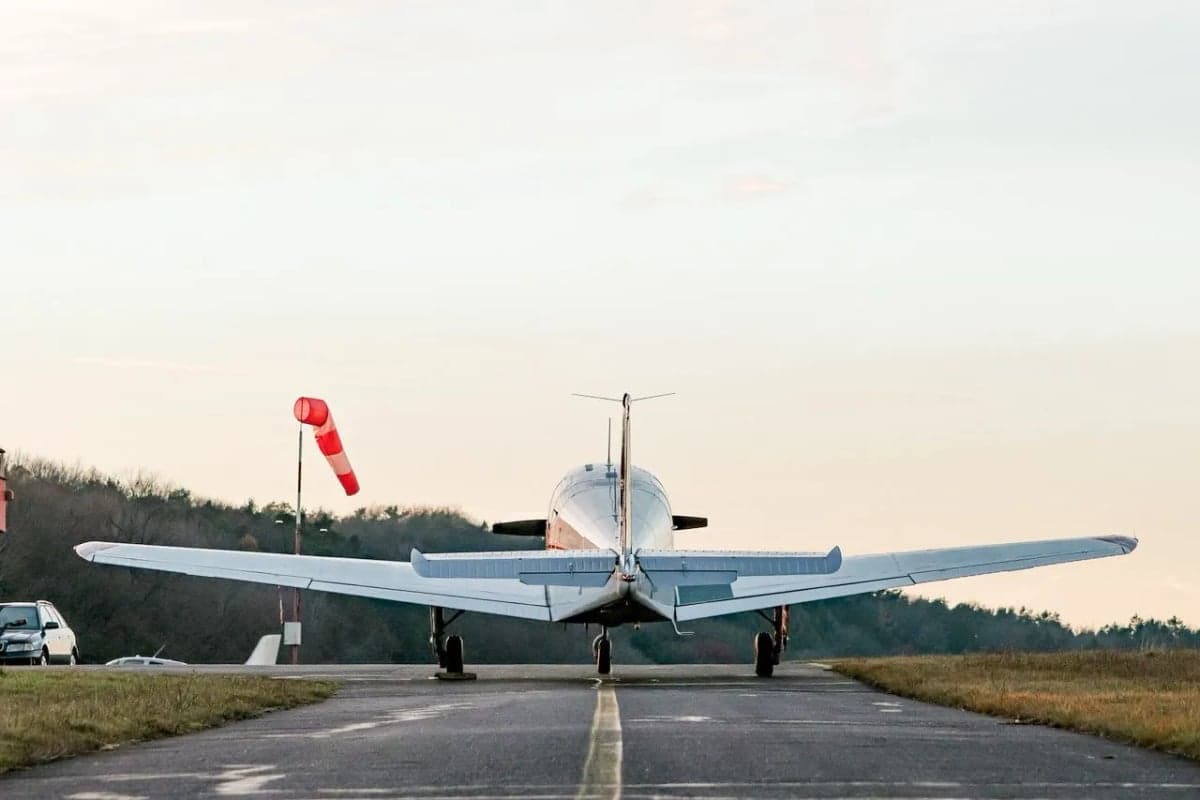 Rear view of Beechcraft Bonanza N8918M on the runway.