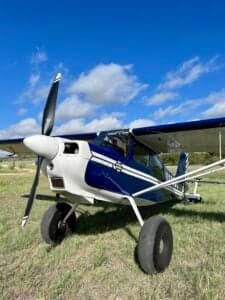A front view of a blue and white ACA aircraft, registration N101BC, parked on a grassy field under a blue sky.