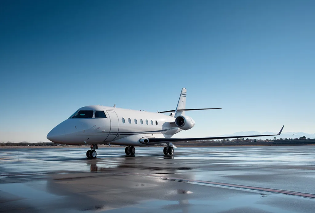 A white private jet with dark blue stripes parked on a wet tarmac with reflections.