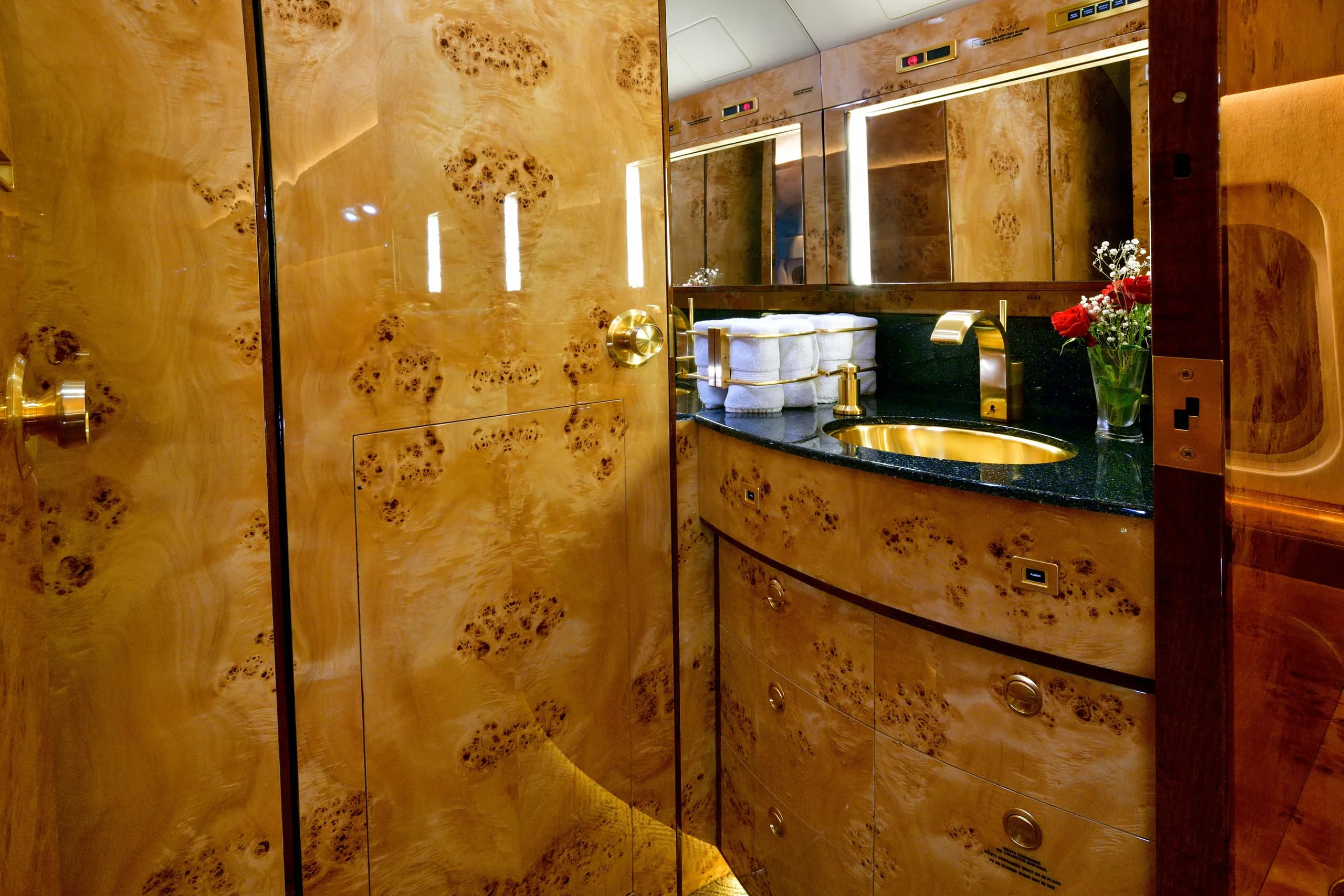 The luxurious lavatory of a private jet, featuring a gold sink, dark countertop, and highly polished burled wood cabinetry.