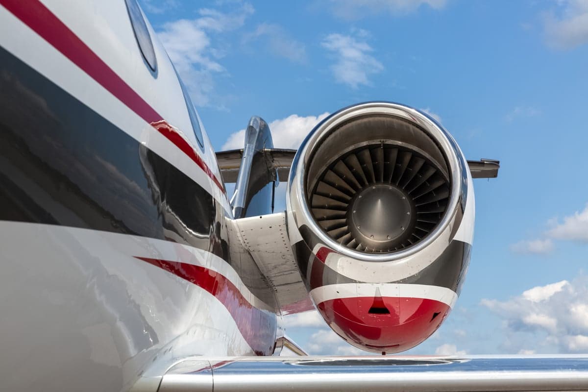 Close up of the engine on a Learjet 45XR aircraft.
