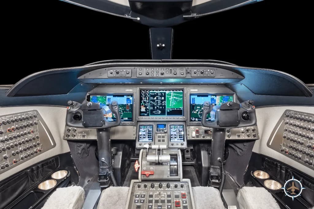 The modern cockpit of a business jet with multiple display screens and control yokes.