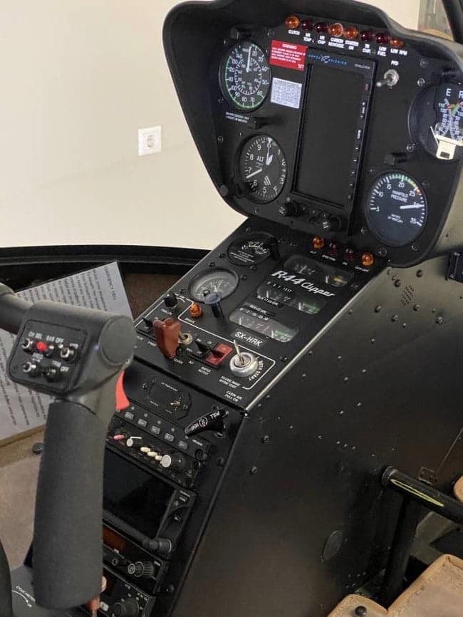 Close-up of the instrument panel in the Robinson R44 Clipper helicopter.