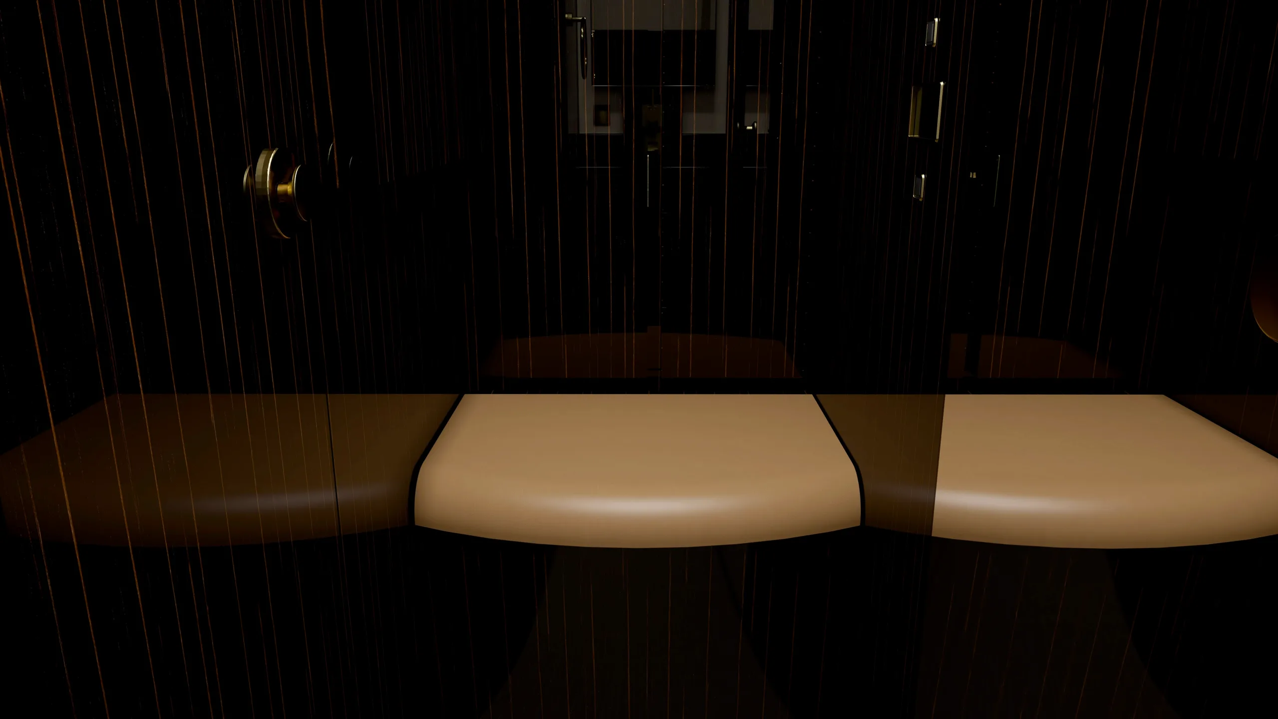 A close-up of a curved, light brown counter surface against a dark, textured wall in an aircraft interior.