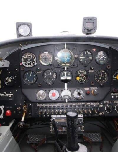 View of the aircraft's instrument panel and controls.
