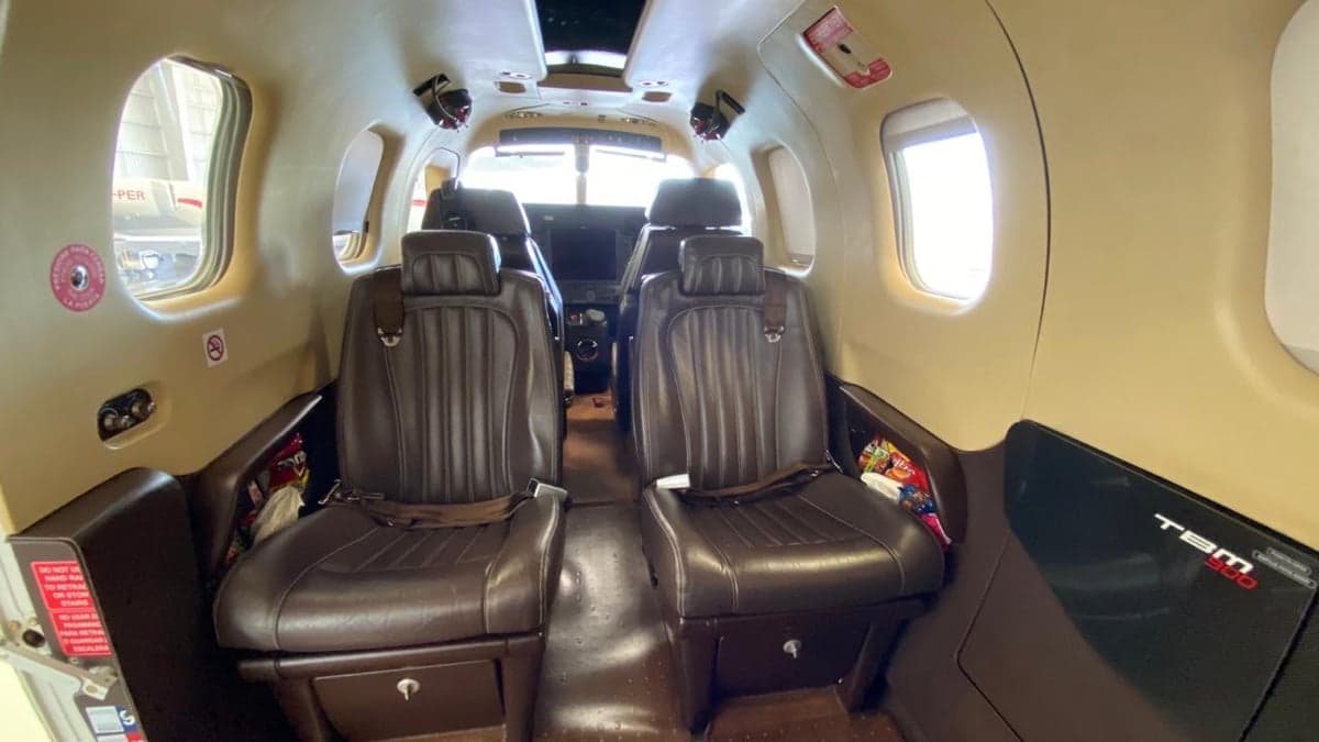 View of the cabin interior with leather seats.