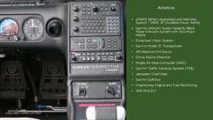 Close-up of the lower avionics controls in the cockpit of a Cirrus SR22T, with a list of features.