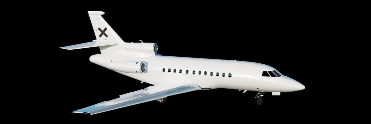 A white Dassault Falcon 2000 on a black background.