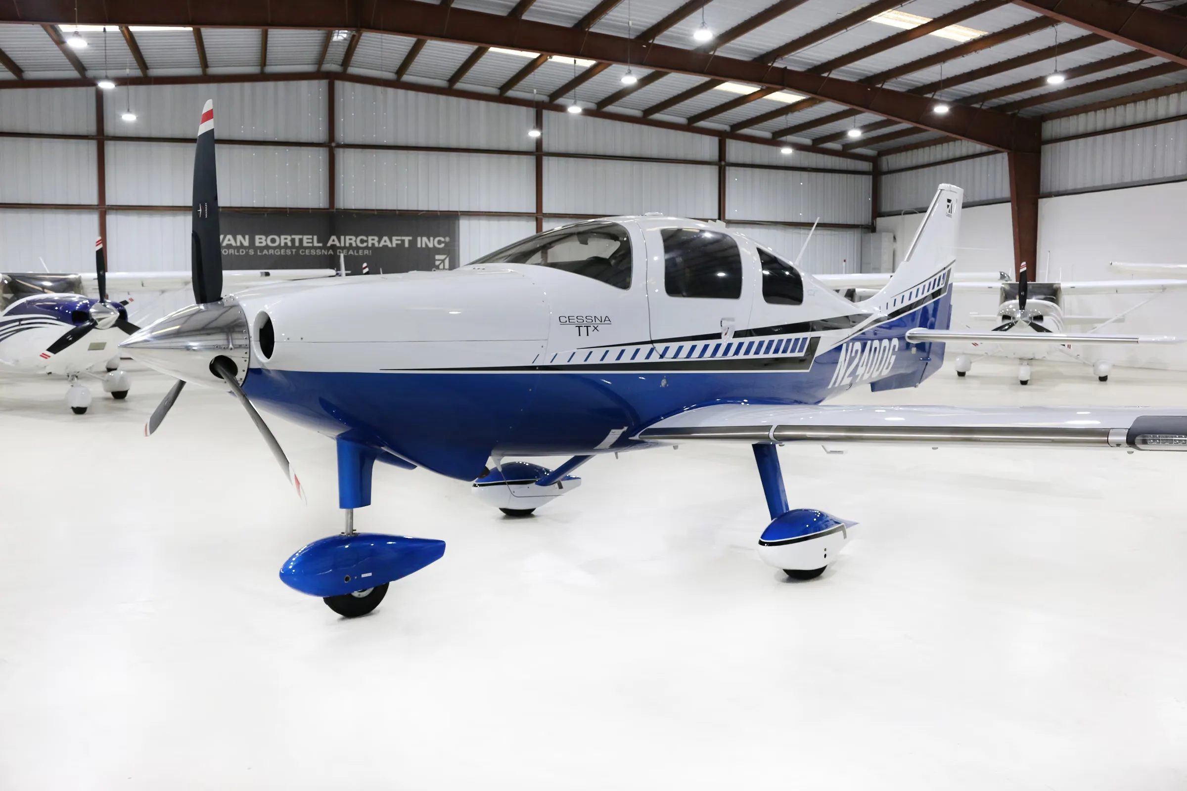 Cessna TTX aircraft N2400G in a hangar, front quarter view.