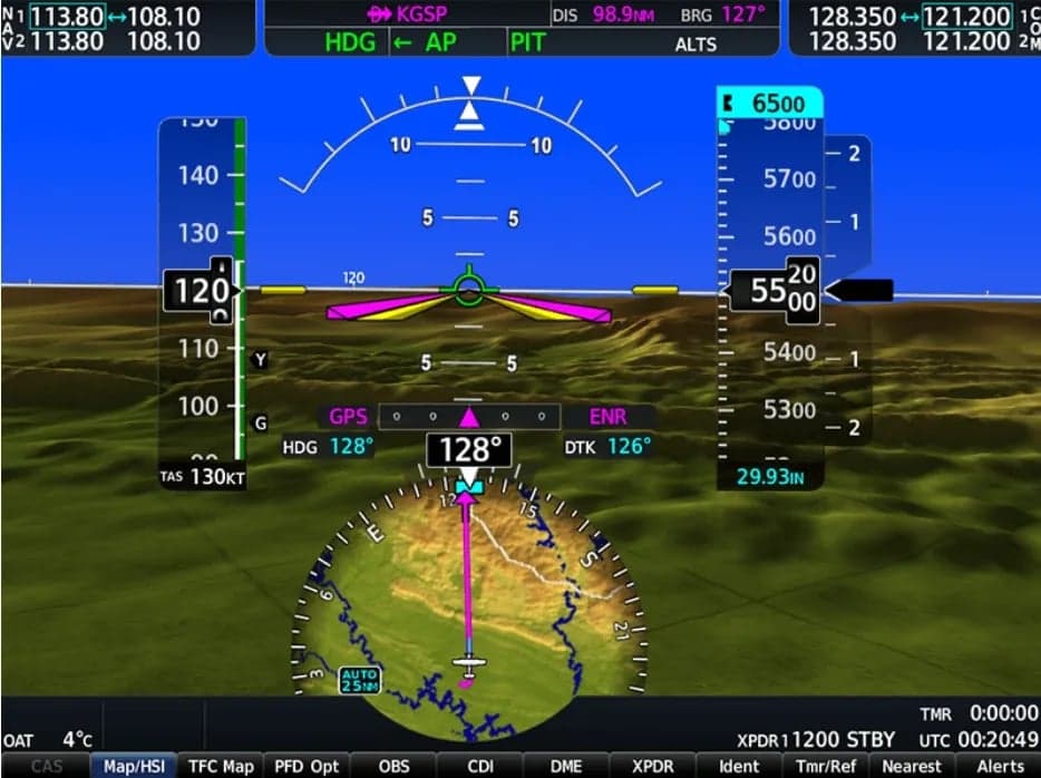 Garmin G1000 primary flight display showing navigation and flight information.