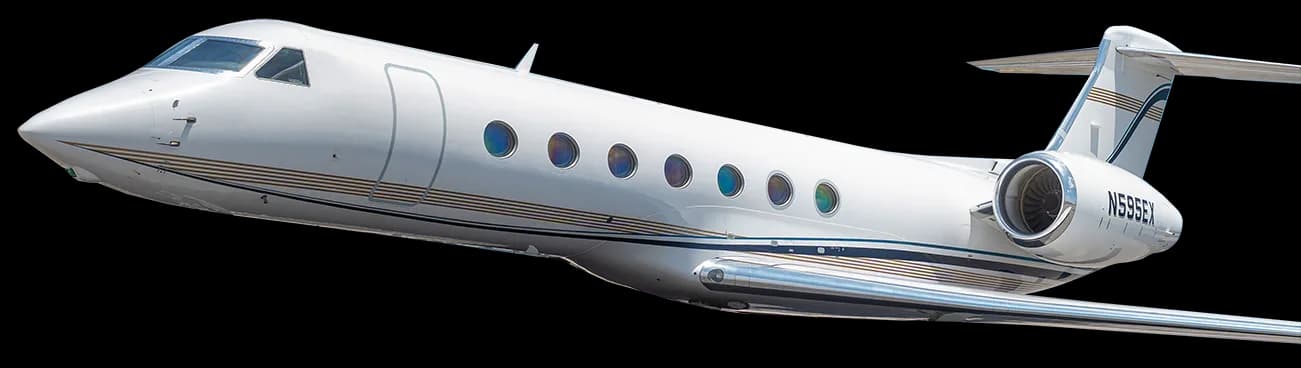 Side view of a white Gulfstream jet against a black background.