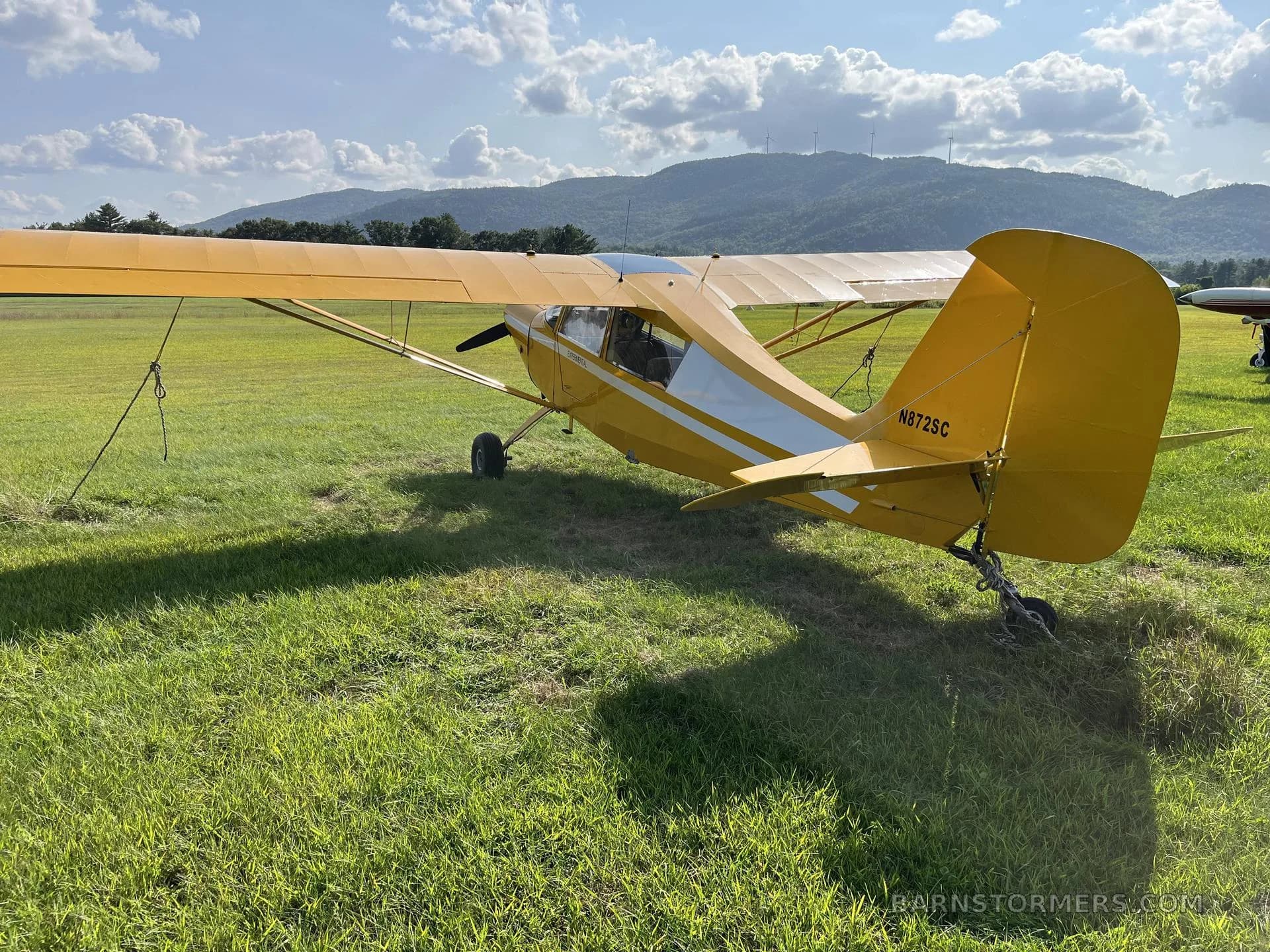 Rear-quarter view of a yellow high-wing aircraft with white stripes parked on a grassy field with mountains in the background.