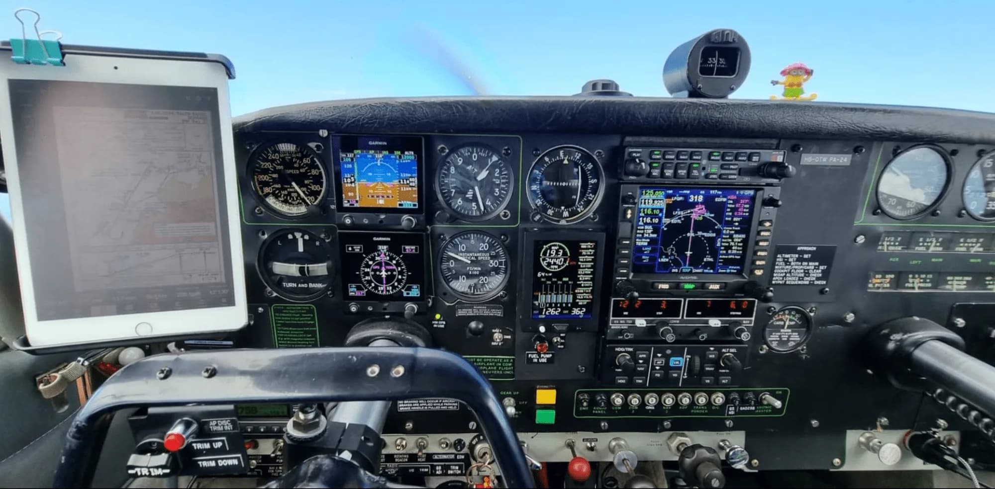 The instrument panel of a Piper Comanche 250 with various gauges and displays.
