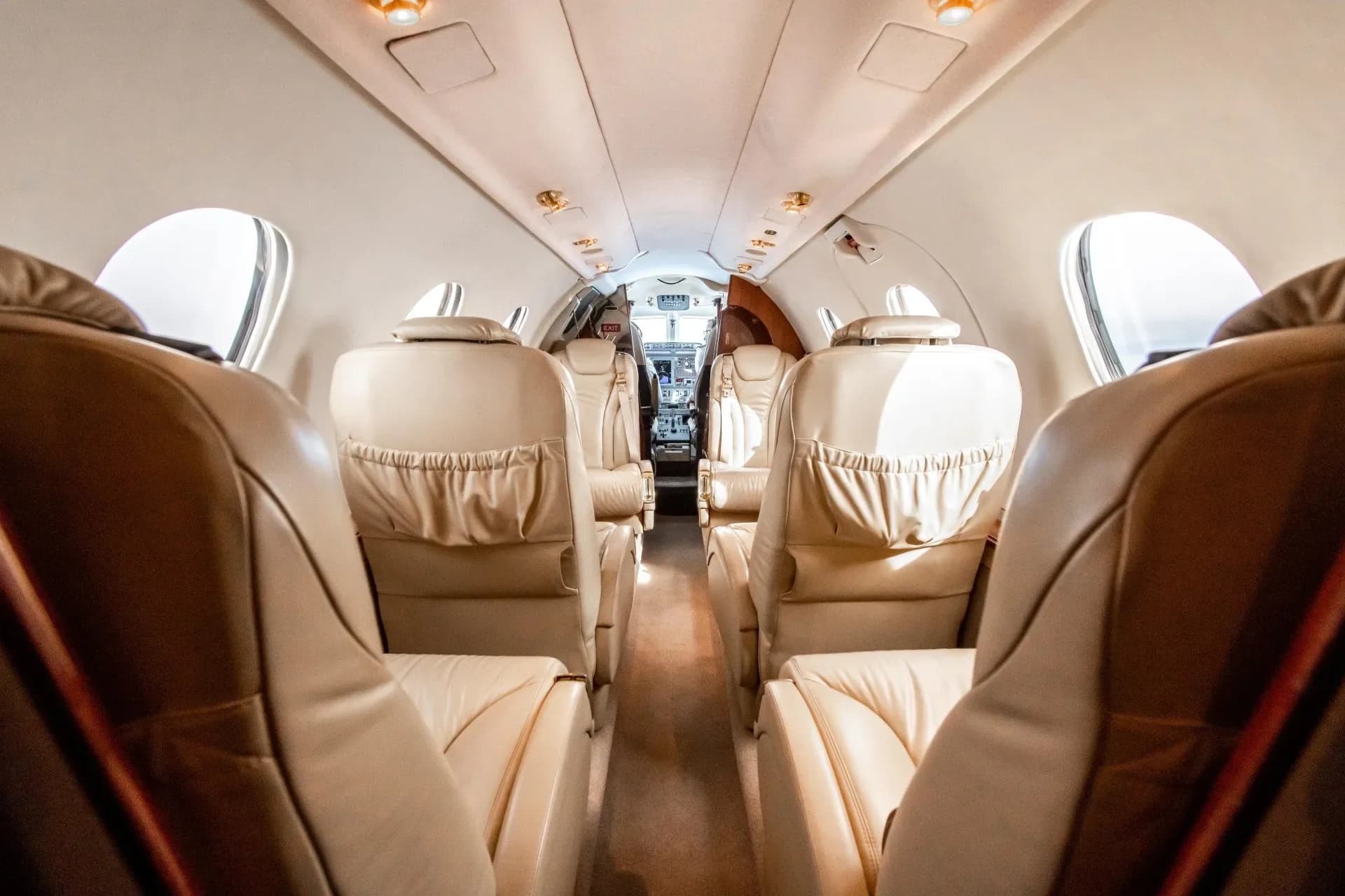 The interior of the jet features cream-colored leather seats.