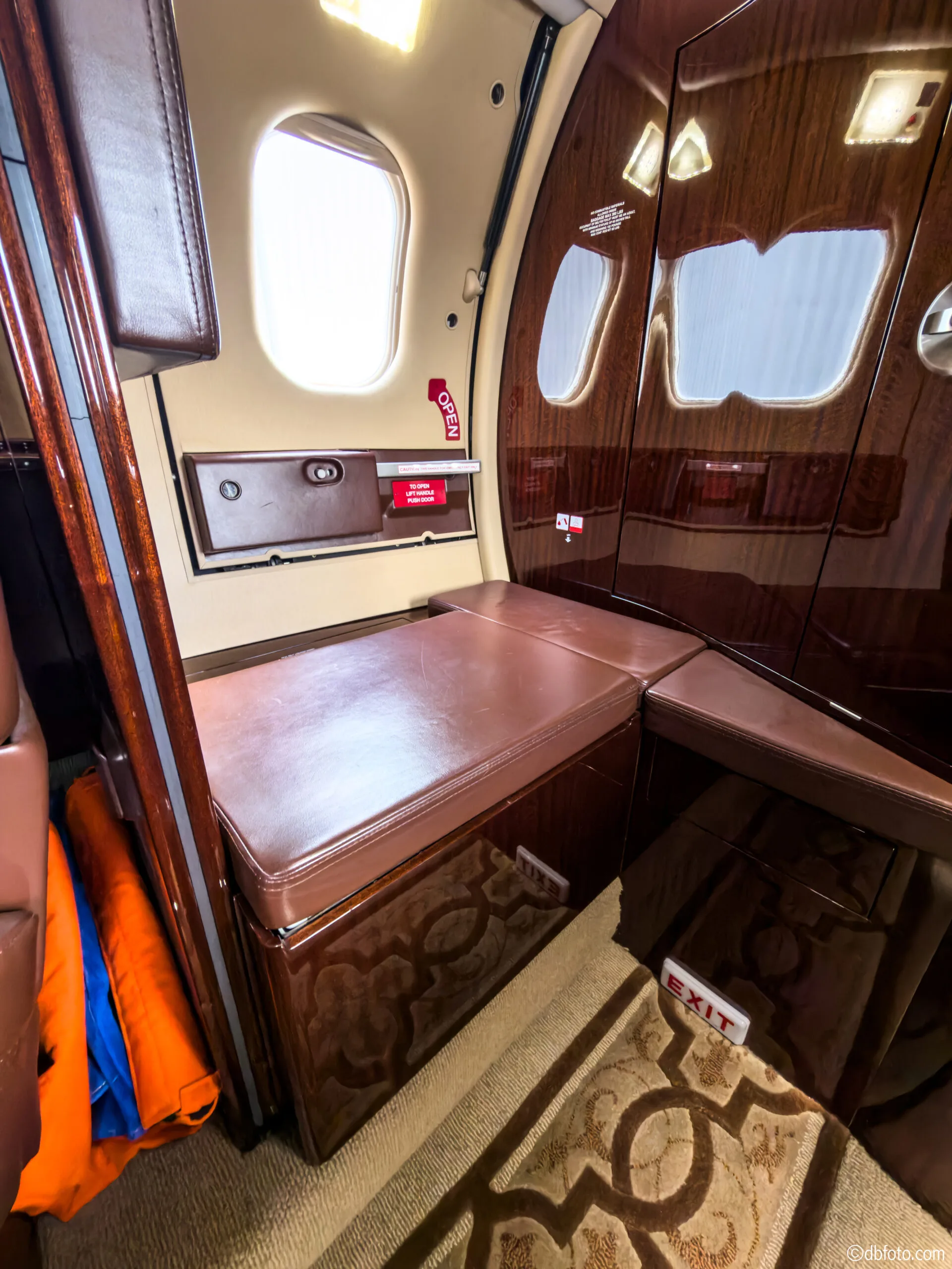 View of the Learjet 45XR cabin with a storage area.