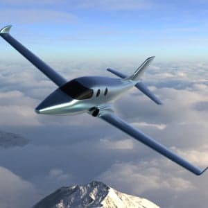 A rendering of an aircraft flying over a snowy mountain range.
