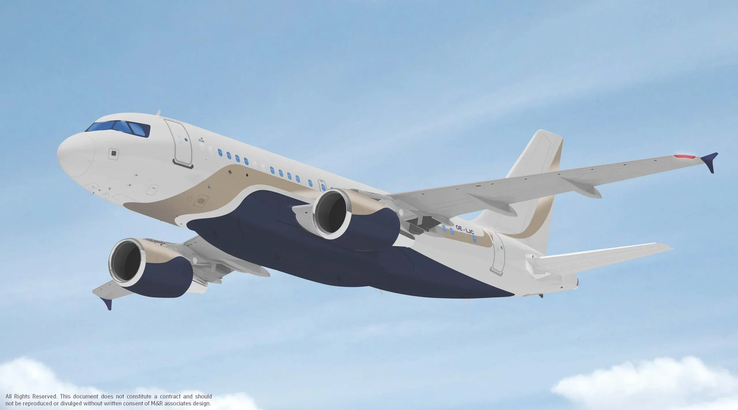 A digital rendering of a white and dark blue Airbus A319-like aircraft flying in a blue sky.