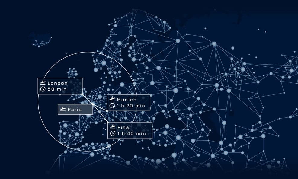 A map showing flight times from Moscow to other European cities.