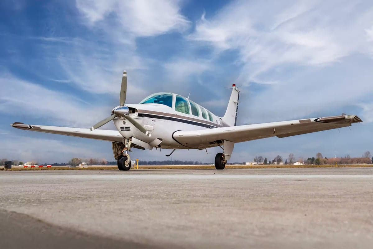 Front view of a Beechcraft Baron on the tarmac.