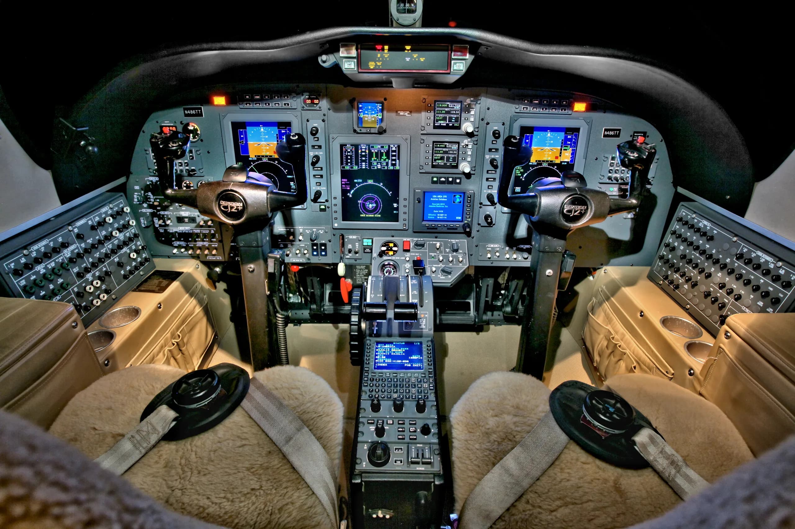 The cockpit of the aircraft features a full instrument panel and plush seating.