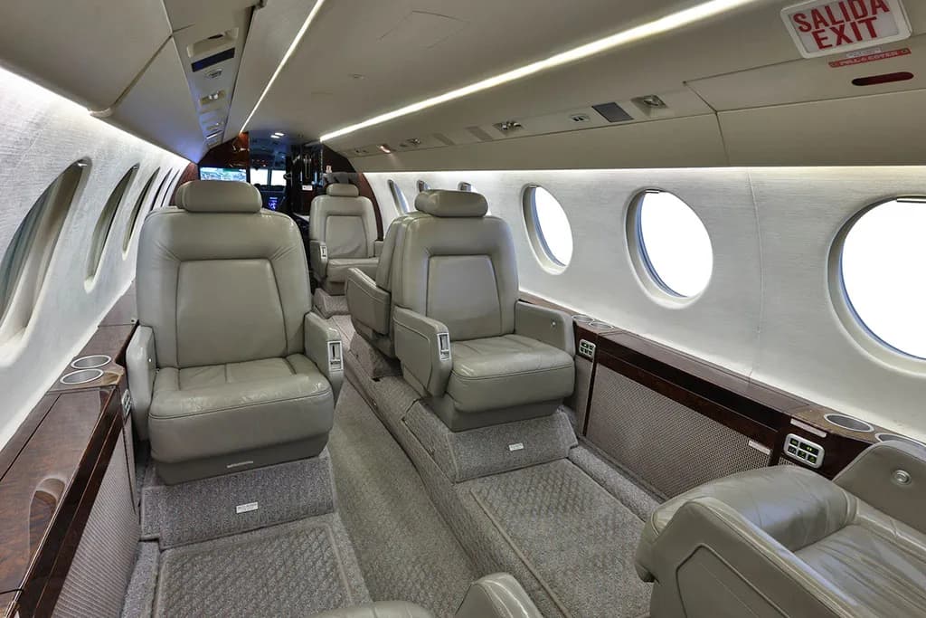 A view of the private jet's cabin interior featuring grey leather seats and large windows.