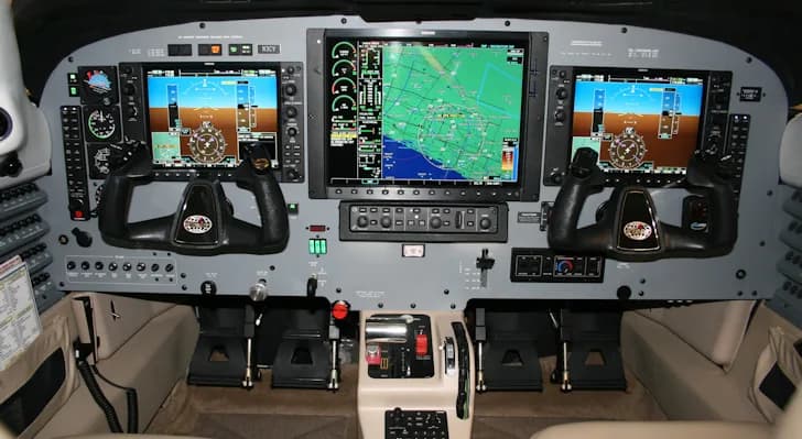 The cockpit of an aircraft featuring multiple large digital display screens, yokes, and various controls.