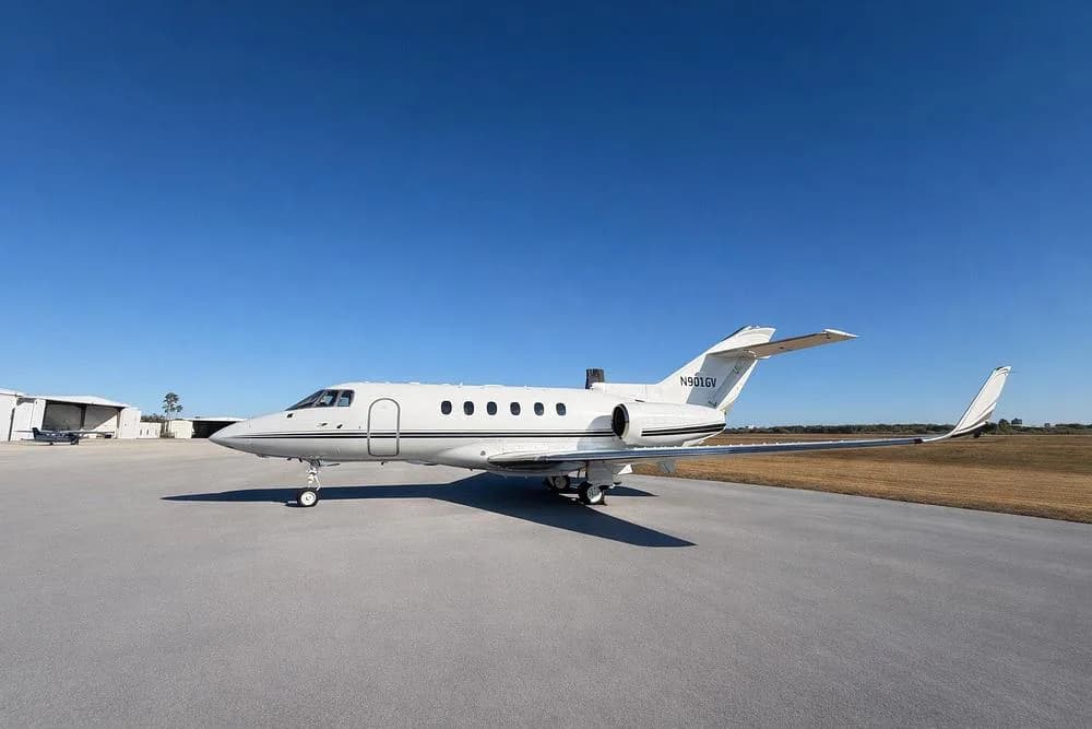 A white Cessna Citation business jet, registration N901GV, parked on an airfield under a clear blue sky.