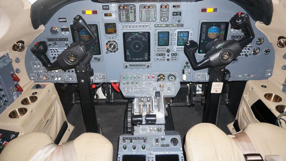 The cockpit of the Citation CJ3 features a full instrument panel and controls.