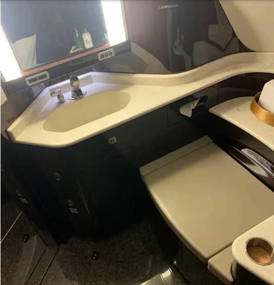 An aircraft lavatory with a white sink, mirror, and dark wood cabinetry.