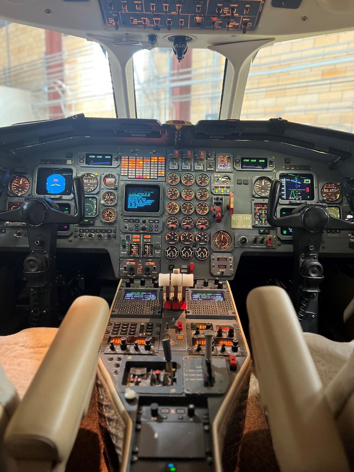 View of the Falcon 50 cockpit and instrument panel.