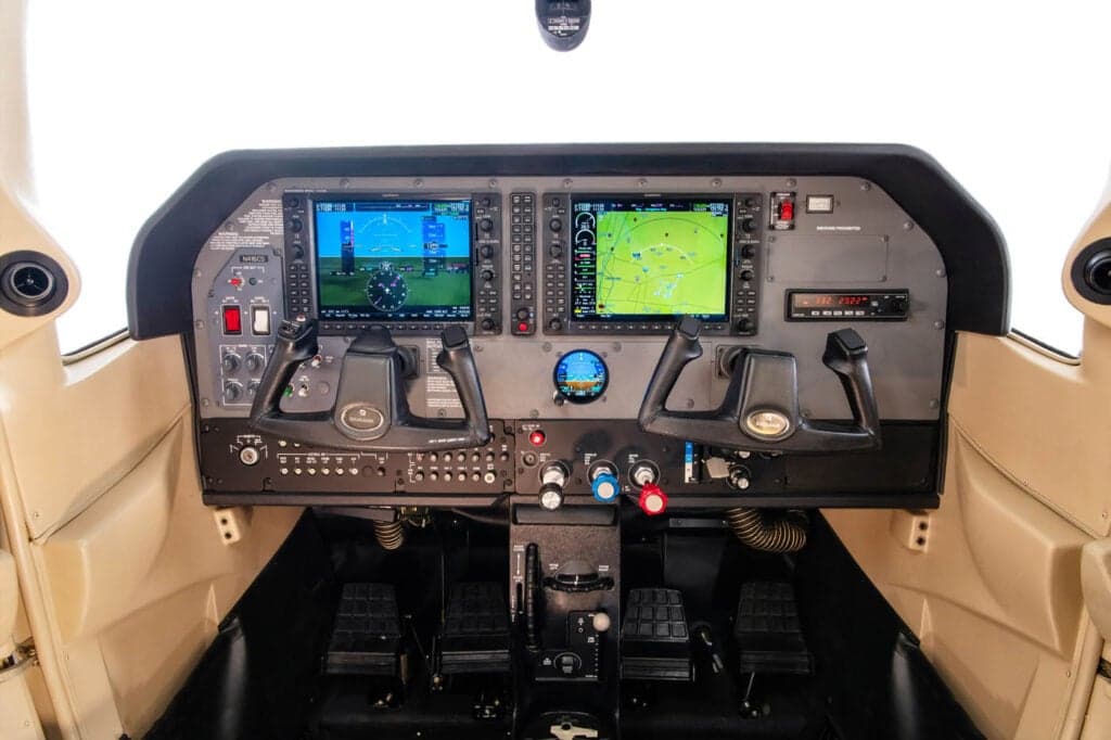 The instrument panel of a Cessna Skylane with modern avionics.