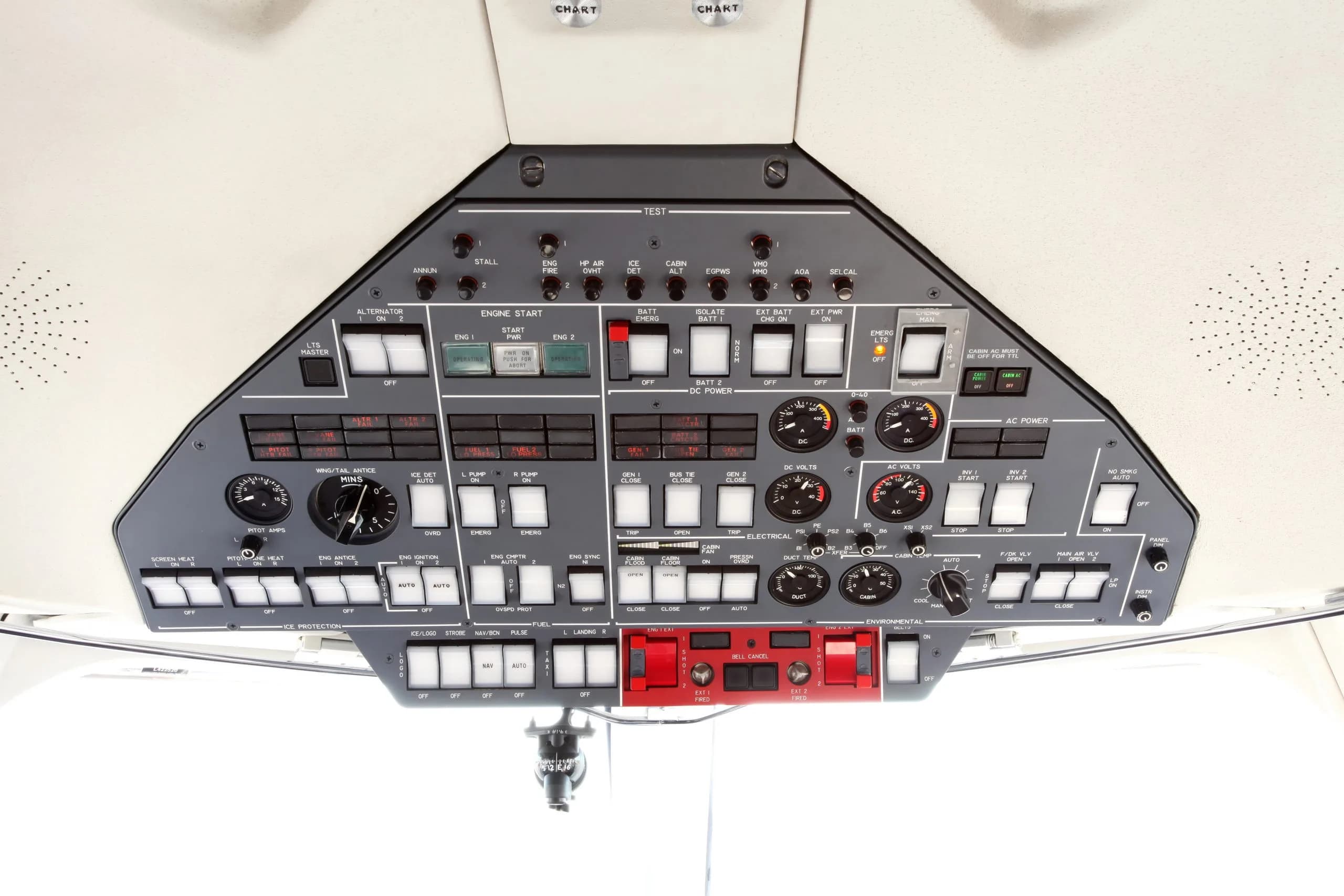 Overhead panel in the cockpit of a Hawker 400XP aircraft with various switches and gauges.