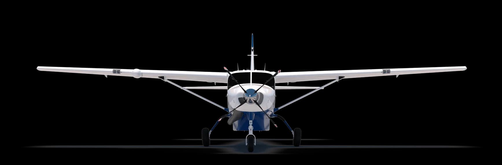 Front view of a white and blue Cessna Caravan on a black background.
