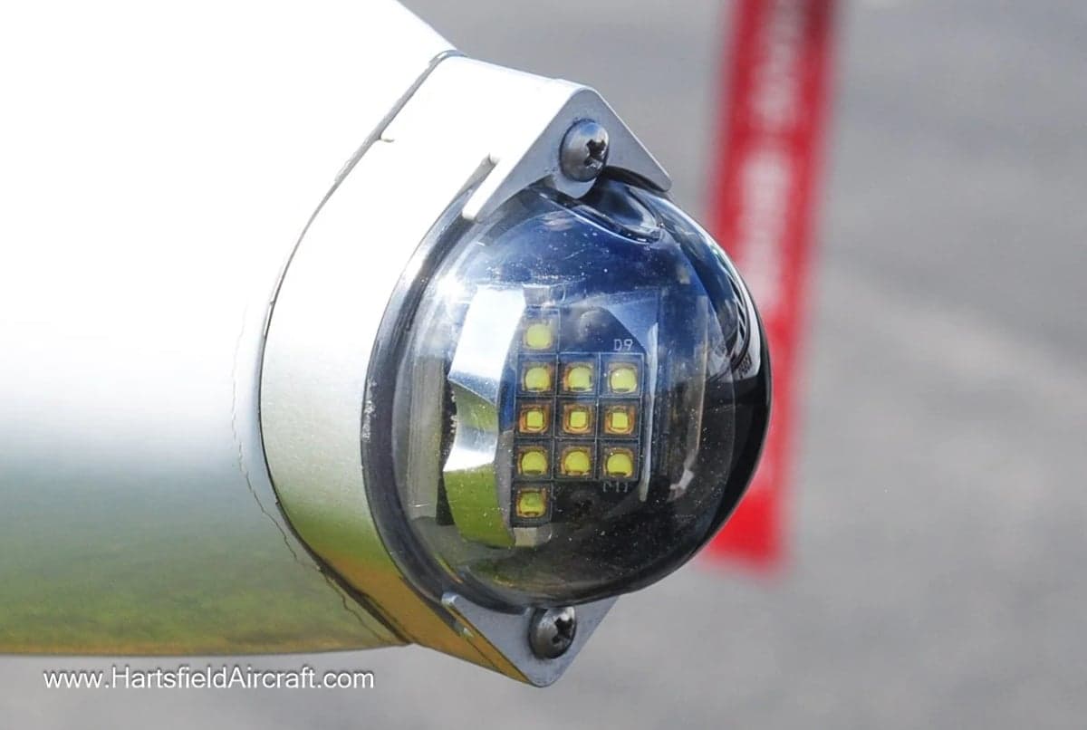 Close-up of the LED tail light on a Beechcraft Bonanza aircraft.