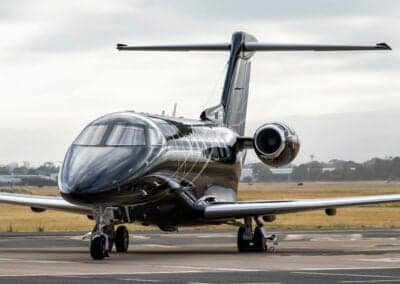 Front view of a black Pilatus PC-24 jet on the tarmac.