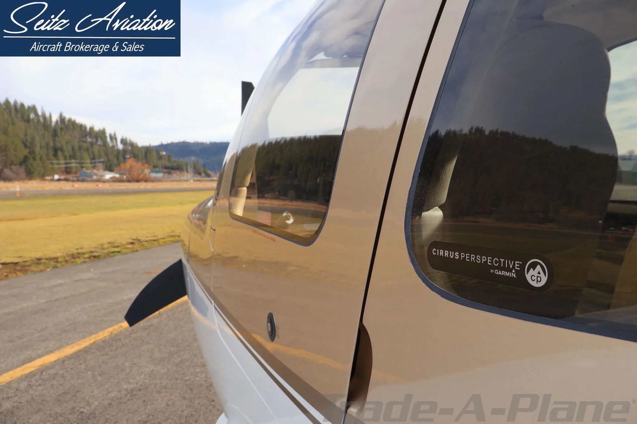 Close-up of the Cirrus SR22T aircraft's side window, showing "CIRRUS PERSPECTIVE by GARMIN" branding.