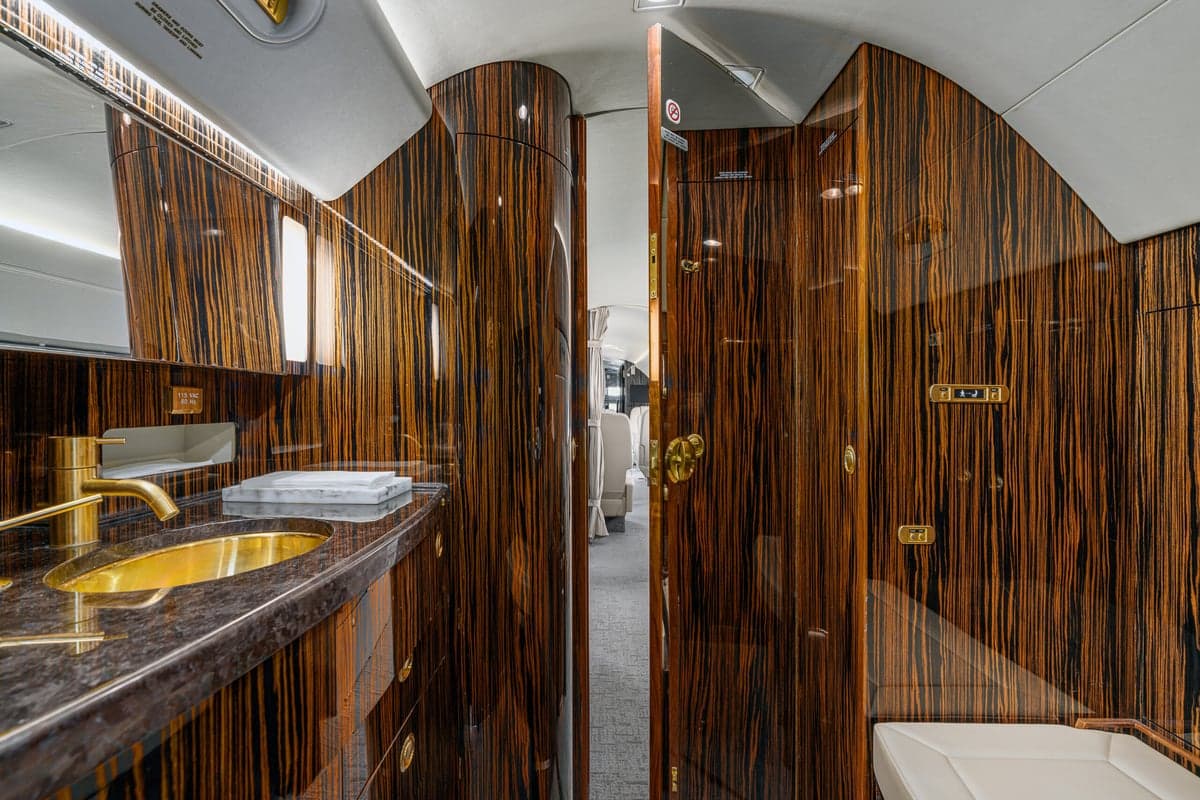 The interior of the aircraft features a lavatory with wood grain finishings and a gold sink.