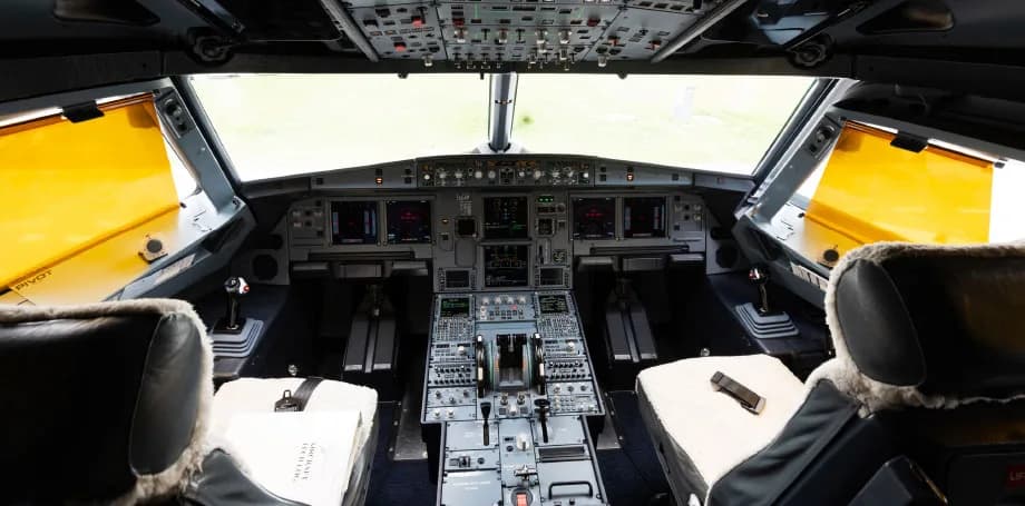 The cockpit of an Airbus A319 features multiple display screens, control panels, and two pilot seats with sheepskin covers.