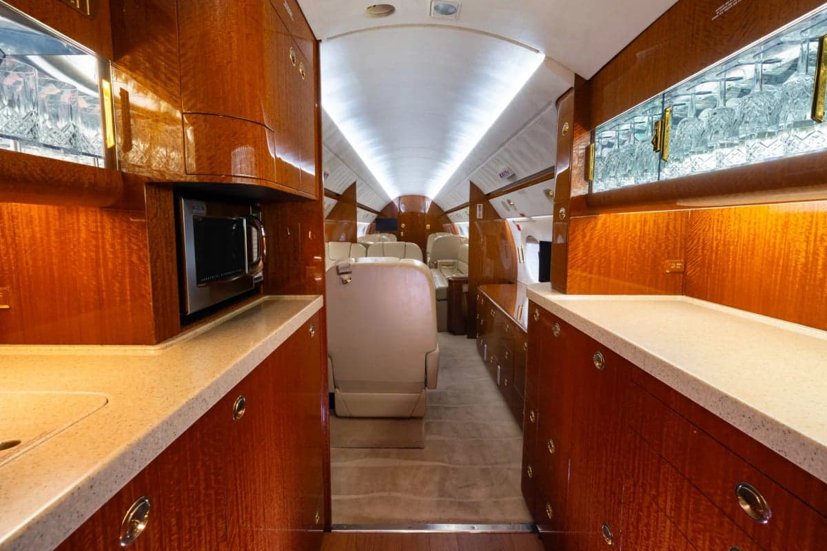View of the Gulfstream G450 galley and cabin interior.